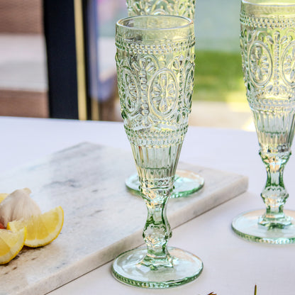 Set Of 4 Green Embossed Flute Glasses