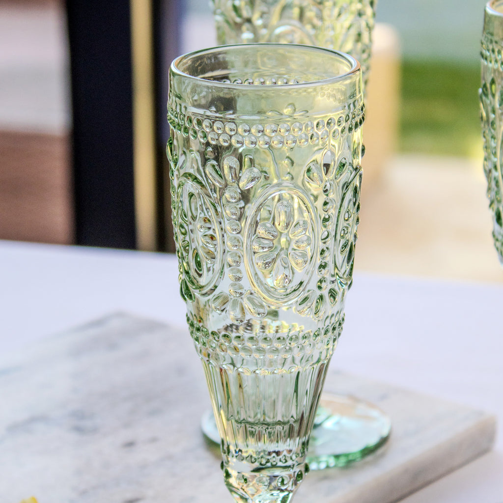 Set Of 4 Green Embossed Flute Glasses