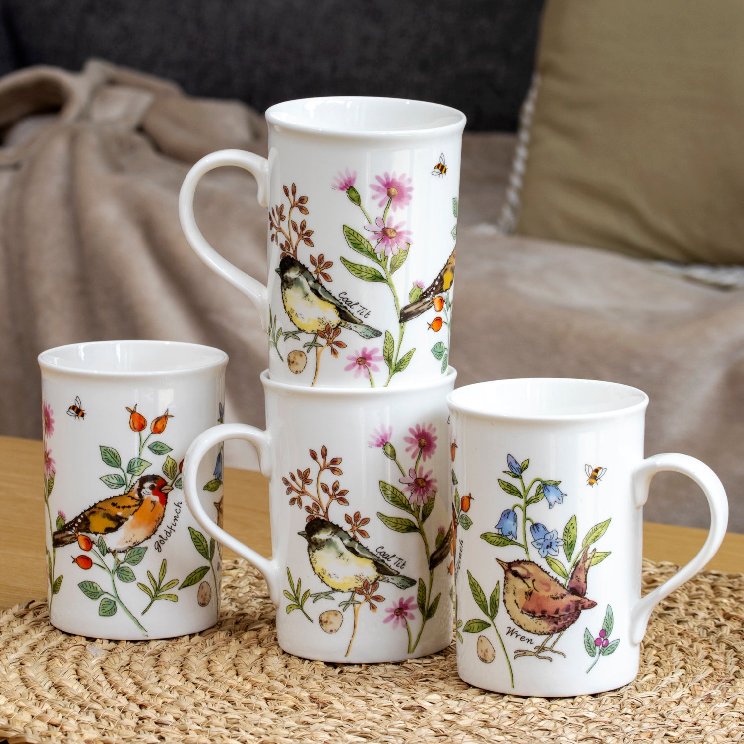 Set Of 4 Garden Birds & Bluebell Mugs