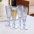 Set Of 4 Blue Embossed Flute Glasses
