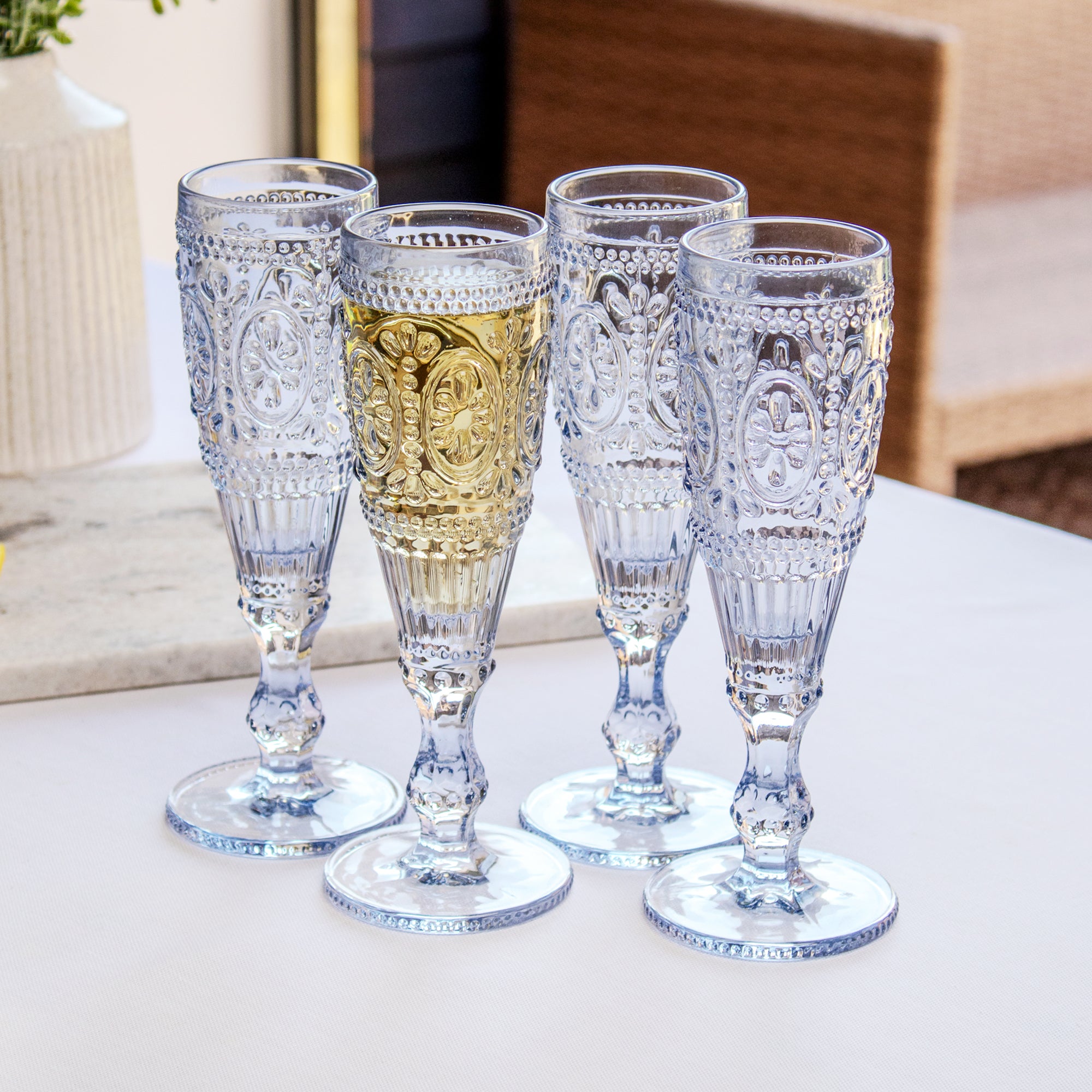 Set Of 4 Blue Embossed Flute Glasses