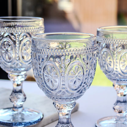 Set Of 4 Blue Embossed Glass Wine Goblets