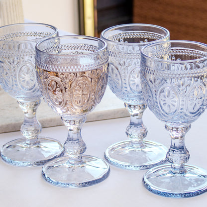 Set Of 4 Blue Embossed Glass Wine Goblets