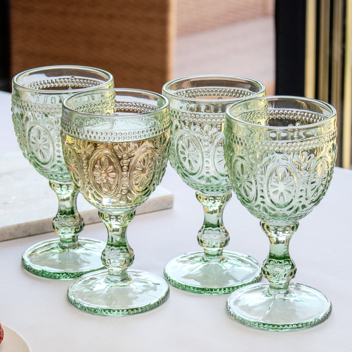 Set Of 4 Green Embossed Glass Wine Goblets