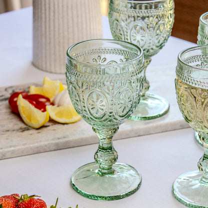 Set Of 4 Green Embossed Glass Wine Goblets