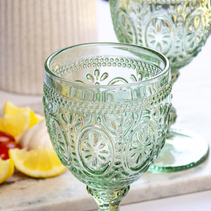 Set Of 4 Green Embossed Glass Wine Goblets