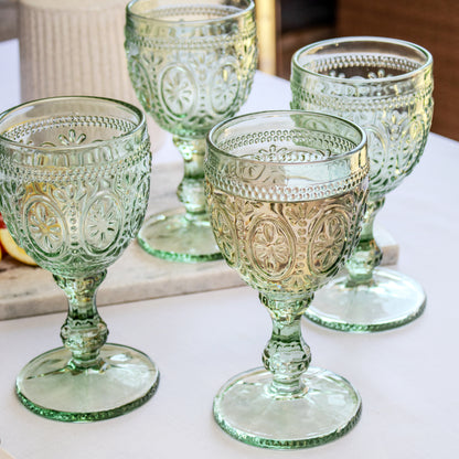 Set Of 4 Green Embossed Glass Wine Goblets