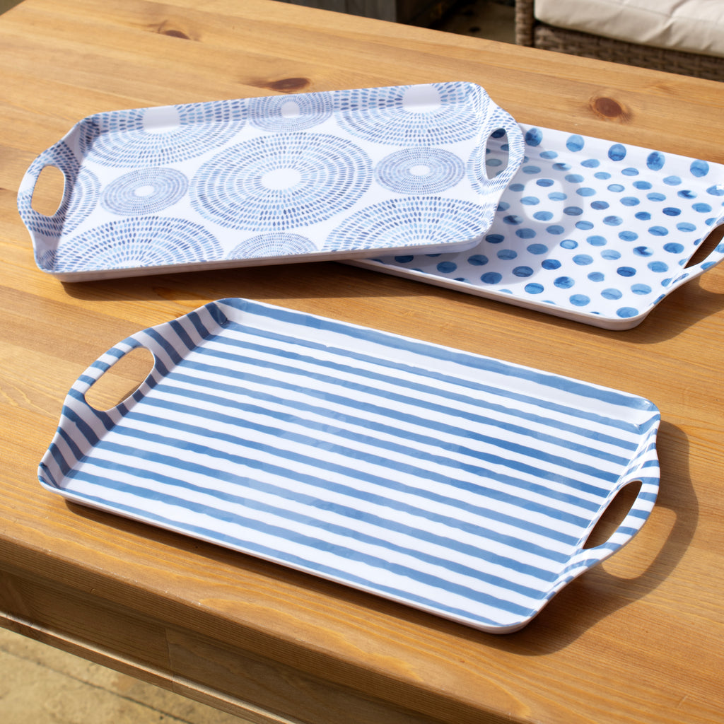 Set Of 3 Blue Patterned Handled Trays