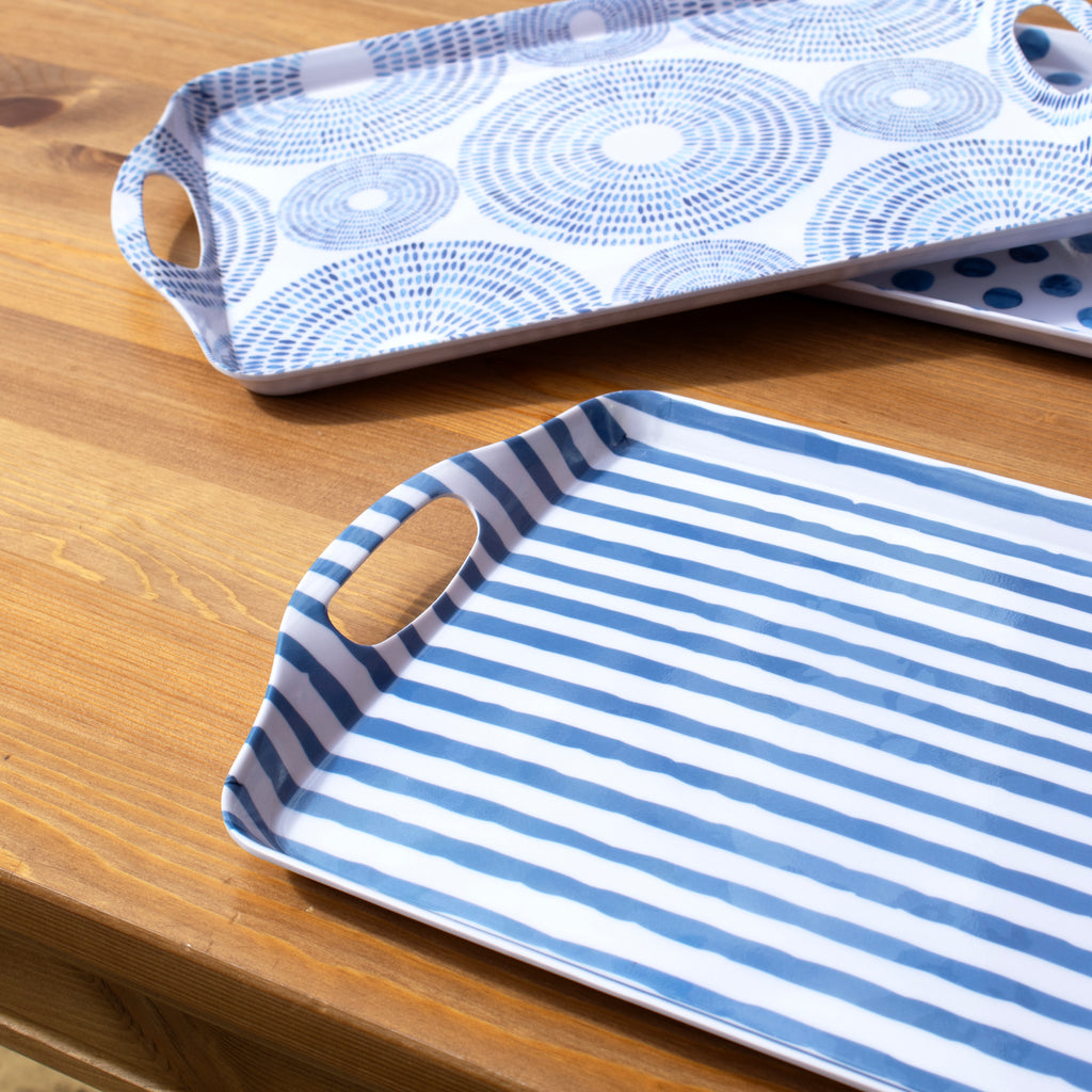 Set Of 3 Blue Patterned Handled Trays