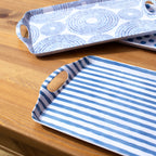 Set Of 3 Blue Patterned Handled Trays
