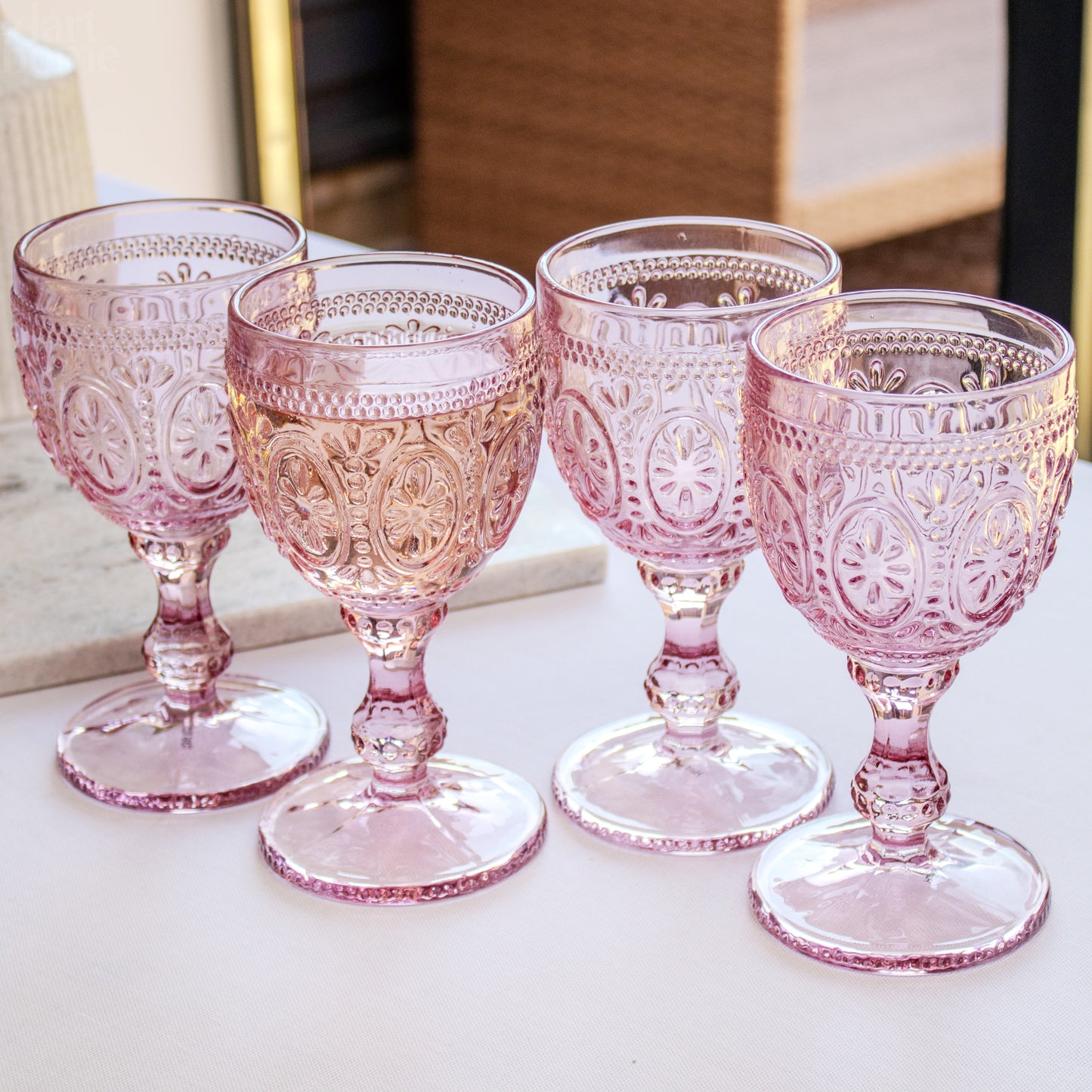 Set Of 4 Pink Embossed Glass Wine Goblets