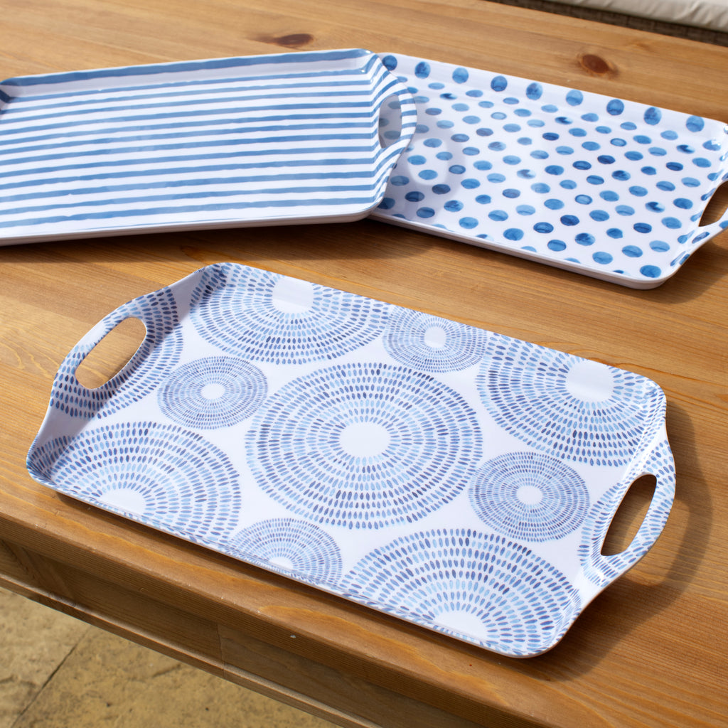 Set Of 3 Blue Patterned Handled Trays