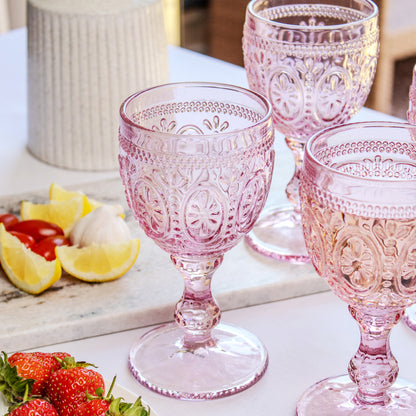 Set Of 4 Pink Embossed Glass Wine Goblets