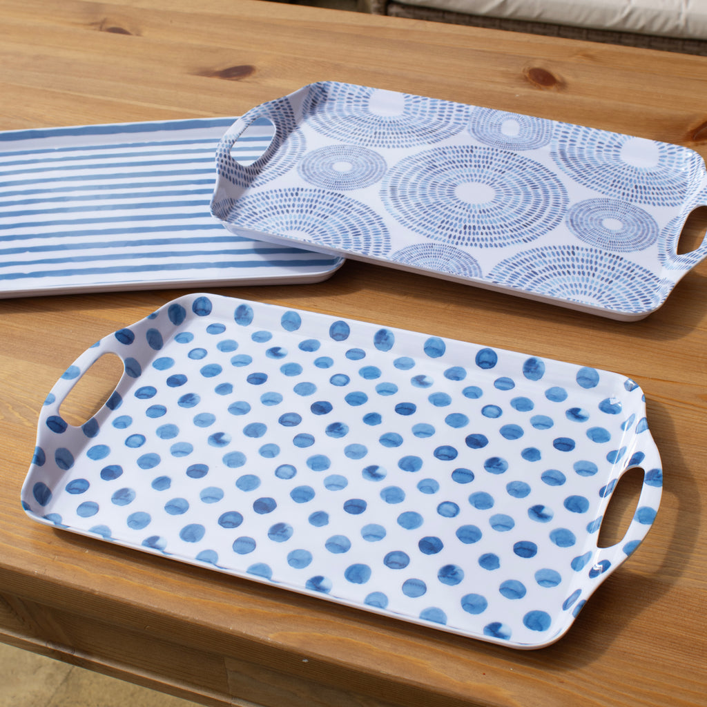 Set Of 3 Blue Patterned Handled Trays