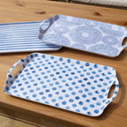 Set Of 3 Blue Patterned Handled Trays