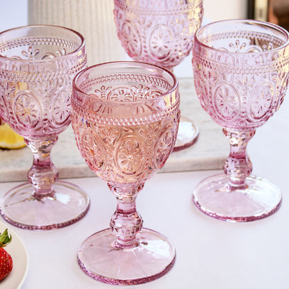 Set Of 4 Pink Embossed Glass Wine Goblets