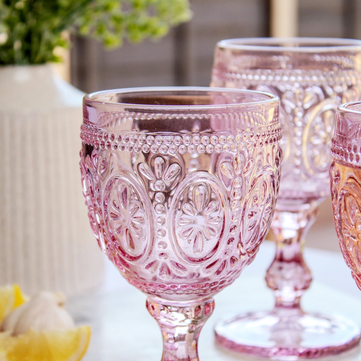 Set Of 4 Pink Embossed Glass Wine Goblets