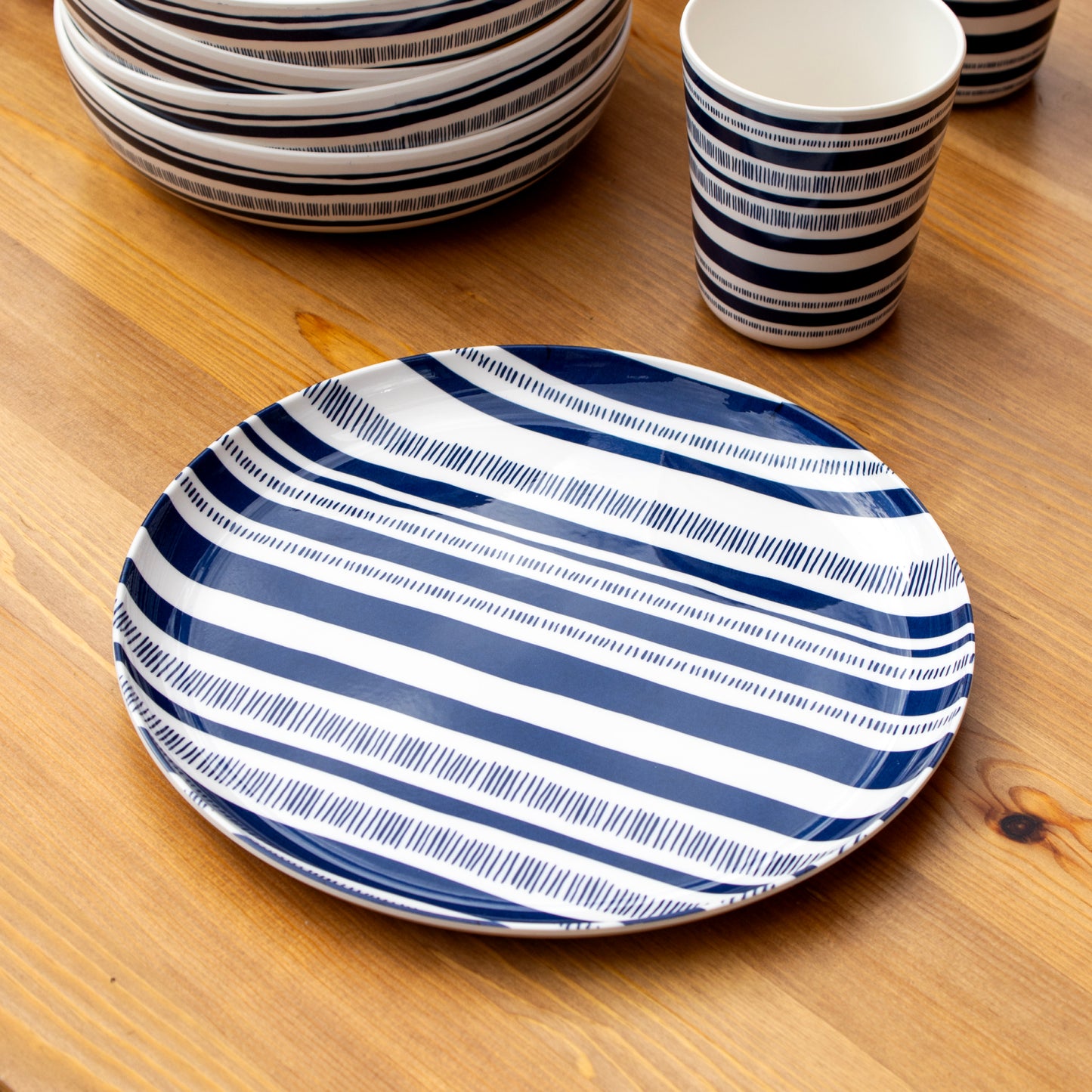 12 Piece Blue Striped Melamine Dinner Set
