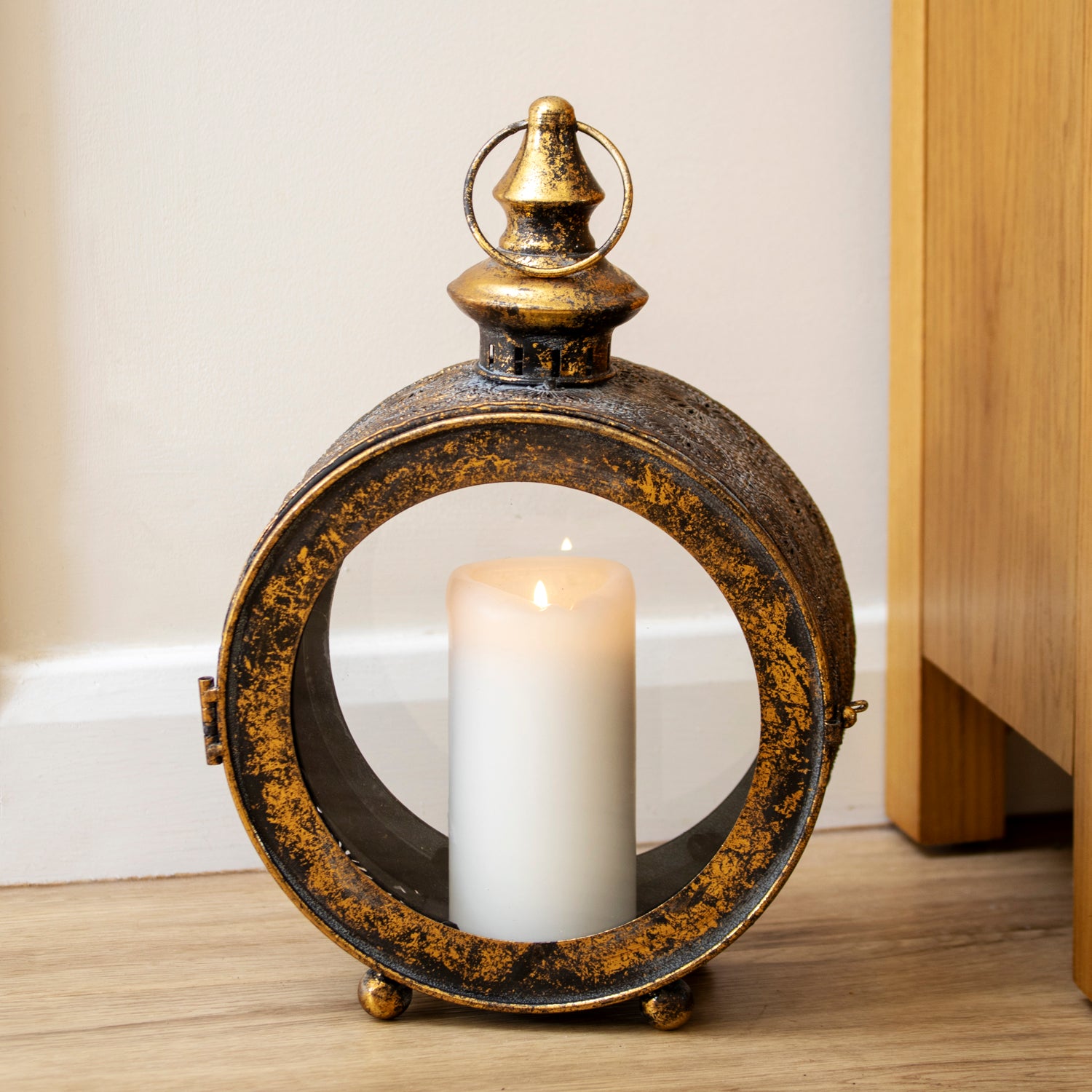 Round Antique Gold Metal Candle Lantern