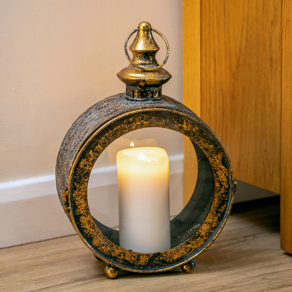 Round Antique Gold Metal Candle Lantern