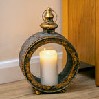 Round Antique Gold Metal Candle Lantern