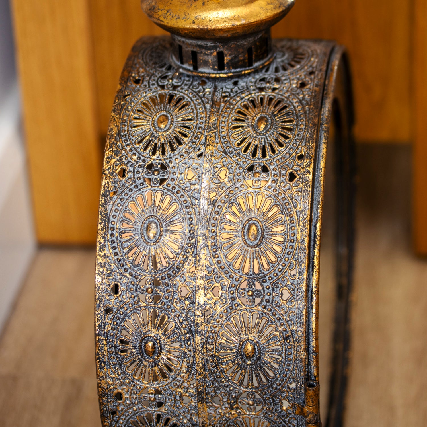 Round Antique Gold Metal Candle Lantern