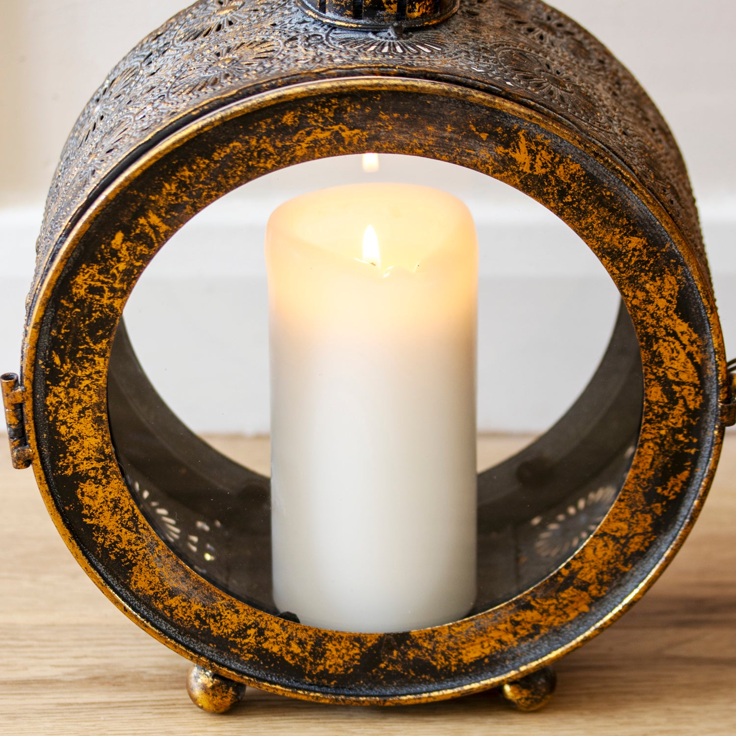 Round Antique Gold Metal Candle Lantern