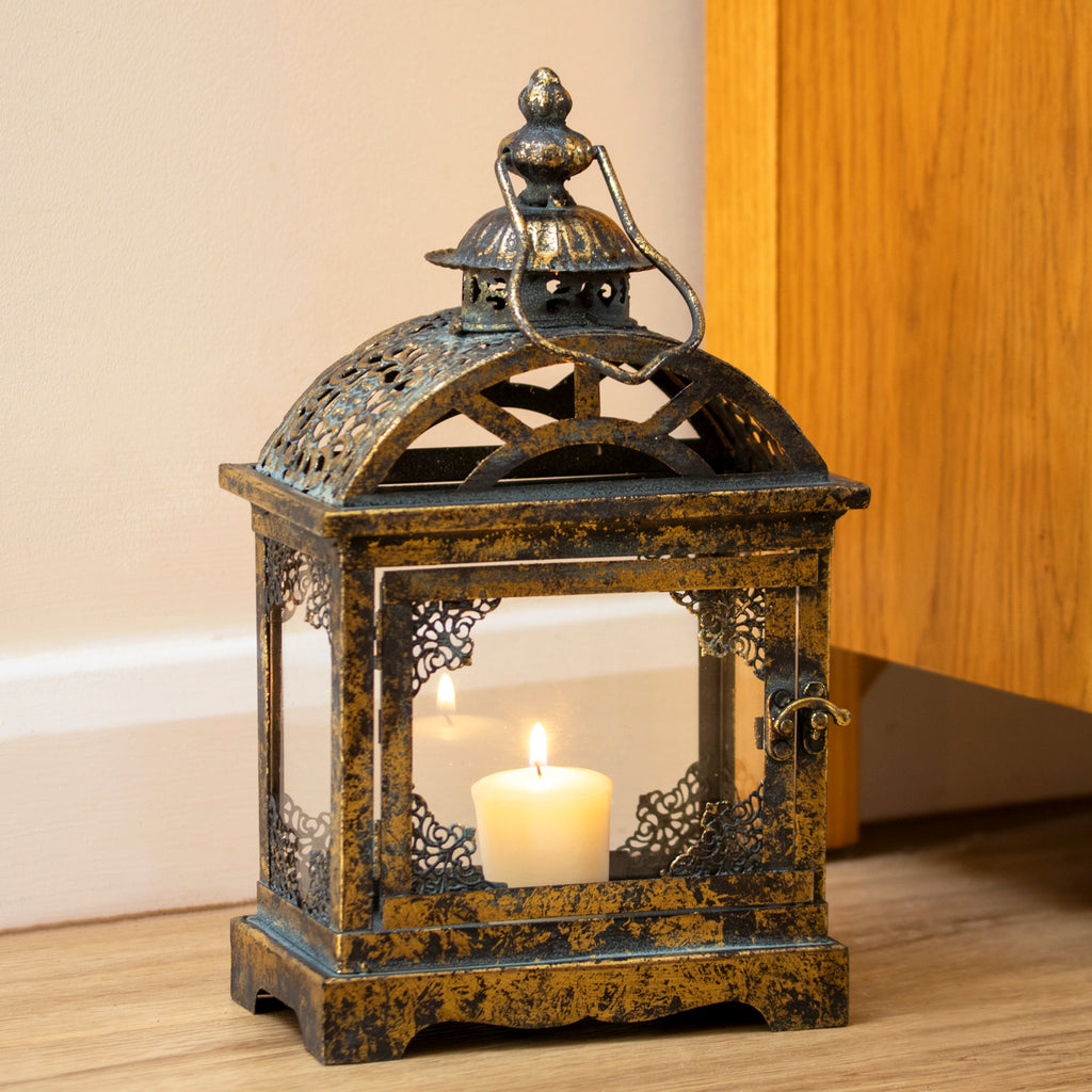 Square Antique Gold Metal Candle Lantern