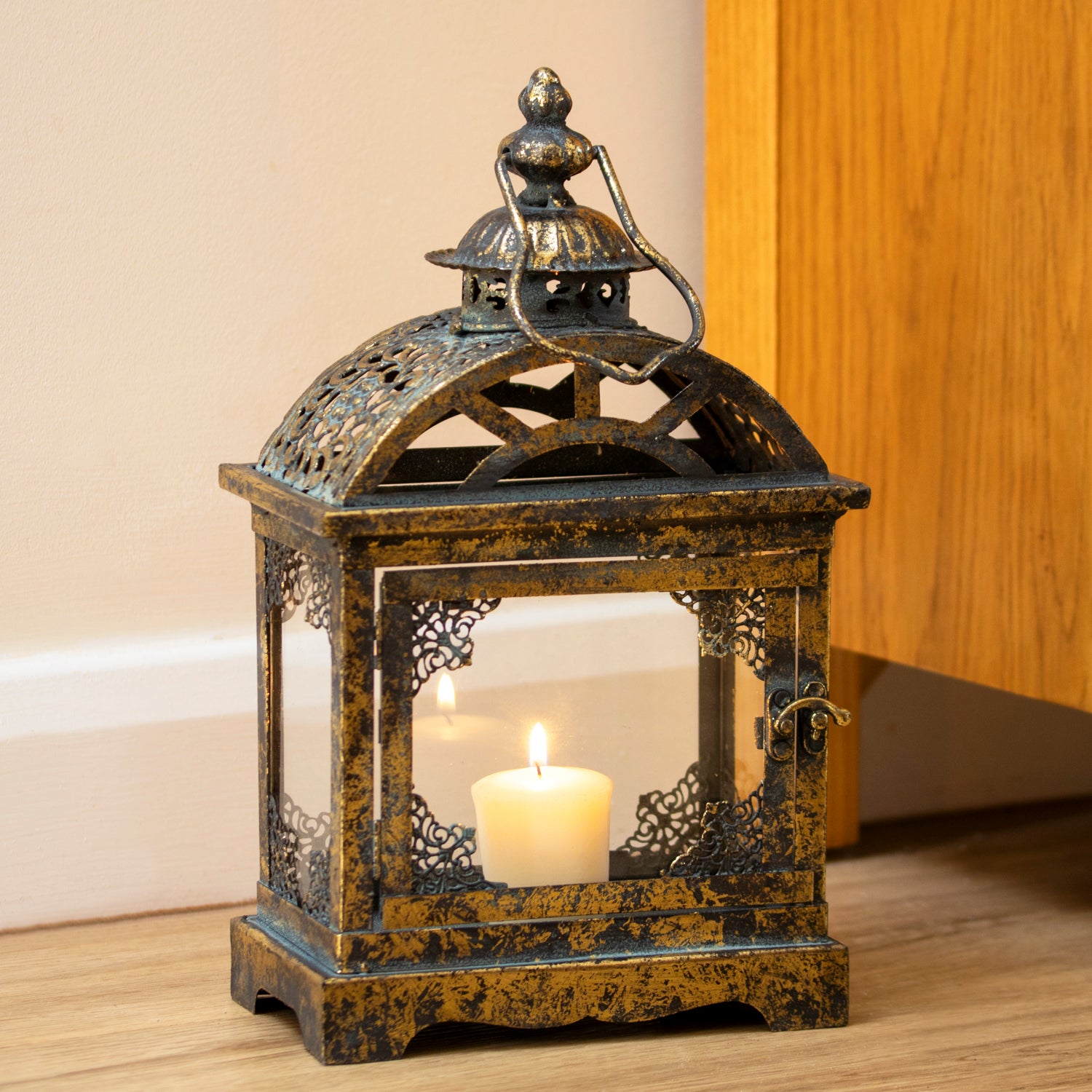 Square Antique Gold Metal Candle Lantern