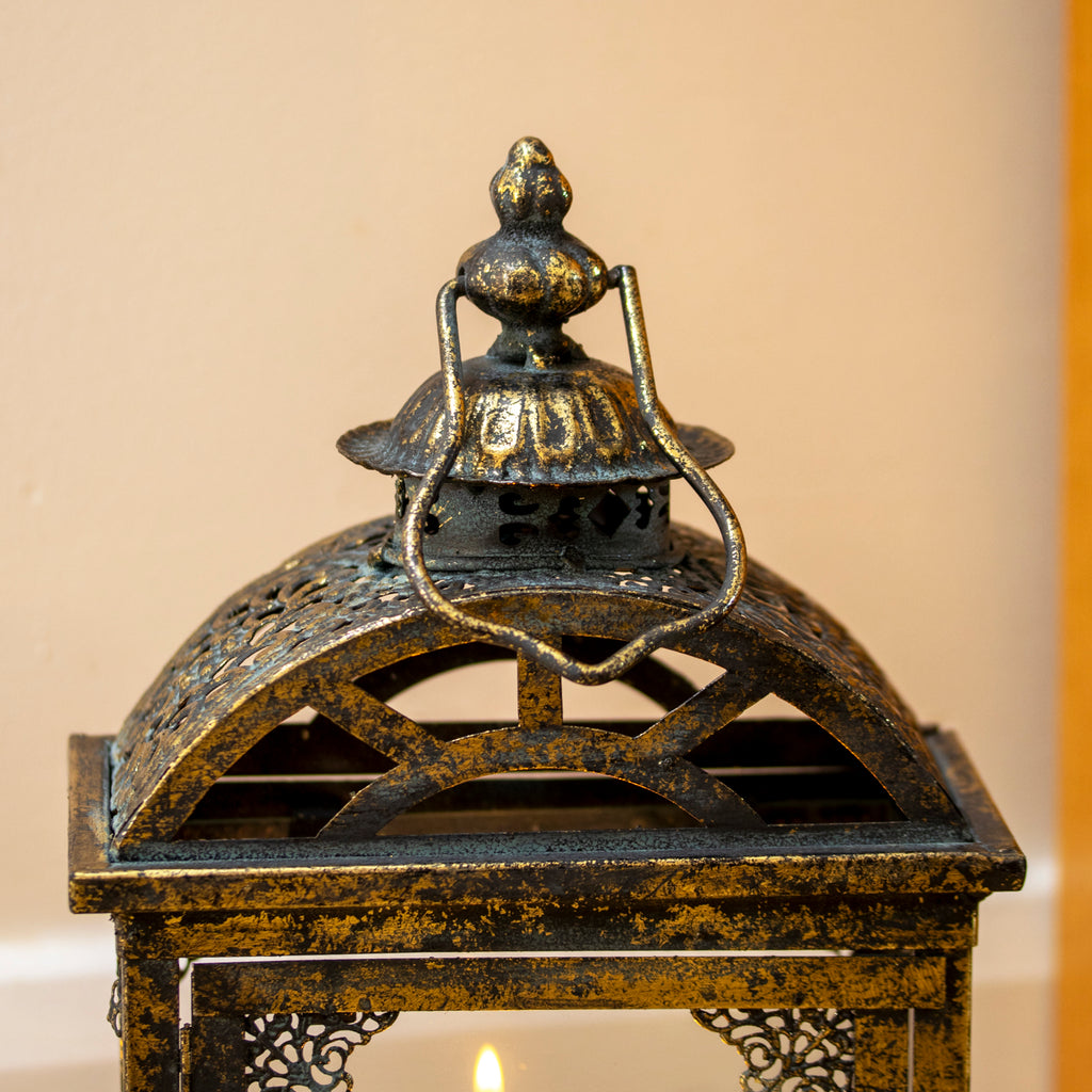 Square Antique Gold Metal Candle Lantern