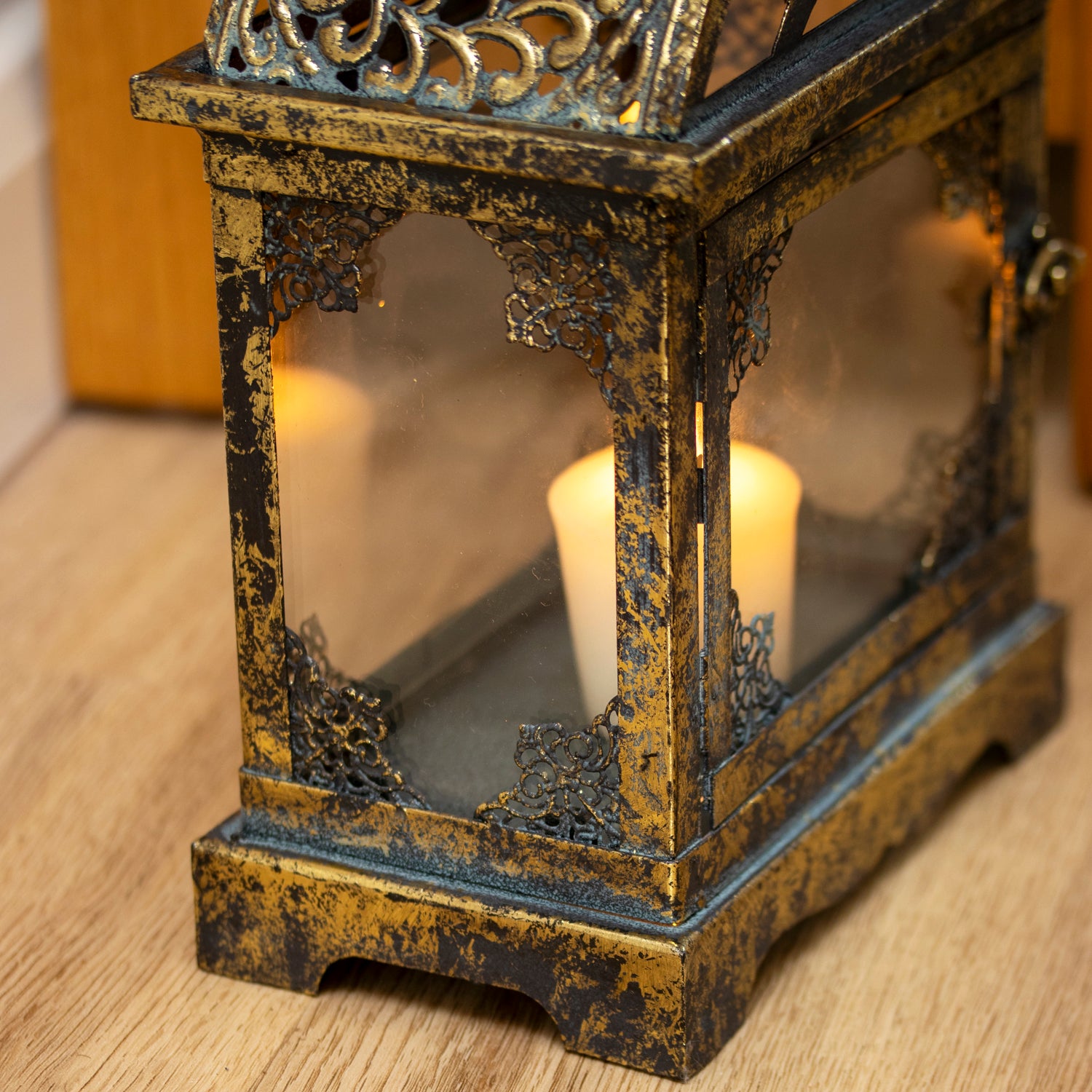 Square Antique Gold Metal Candle Lantern