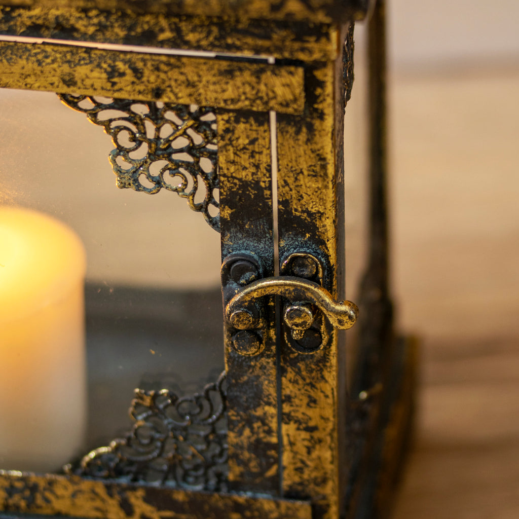 Square Antique Gold Metal Candle Lantern