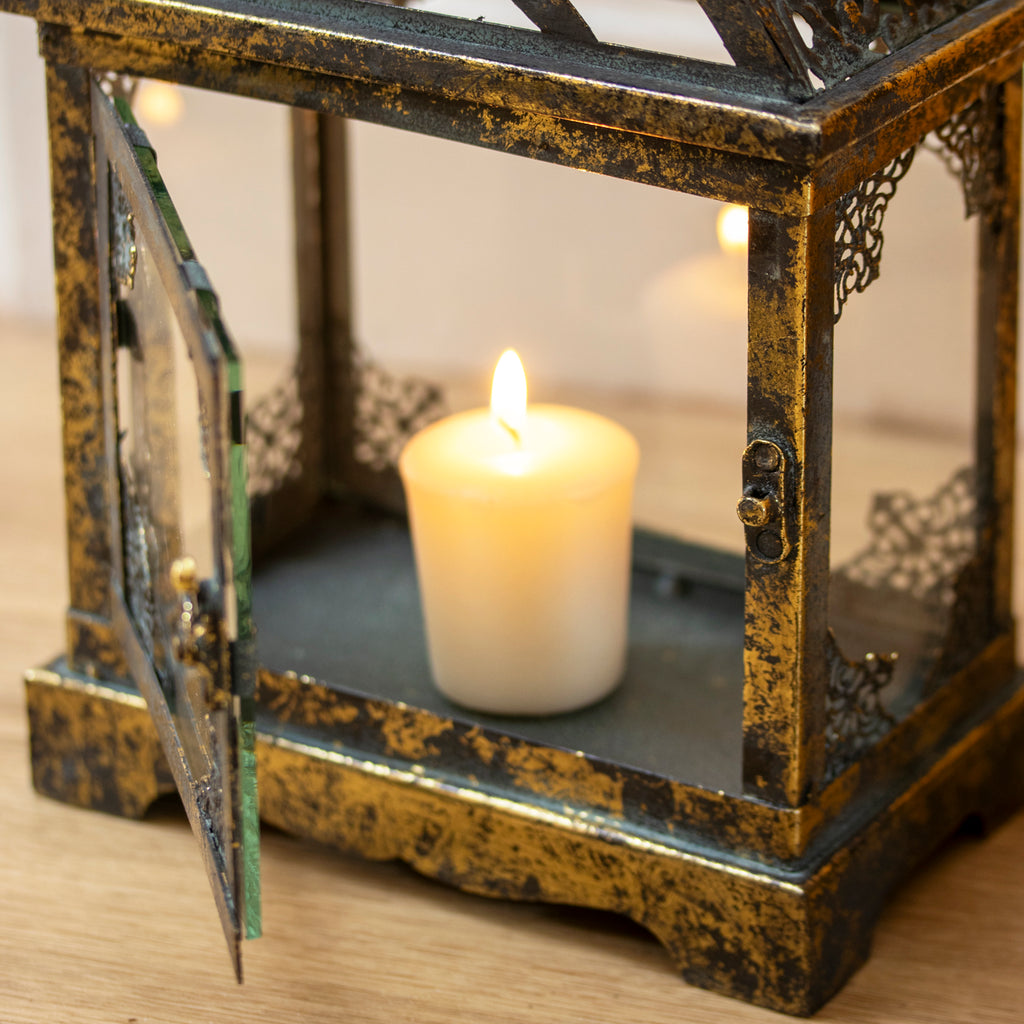 Square Antique Gold Metal Candle Lantern