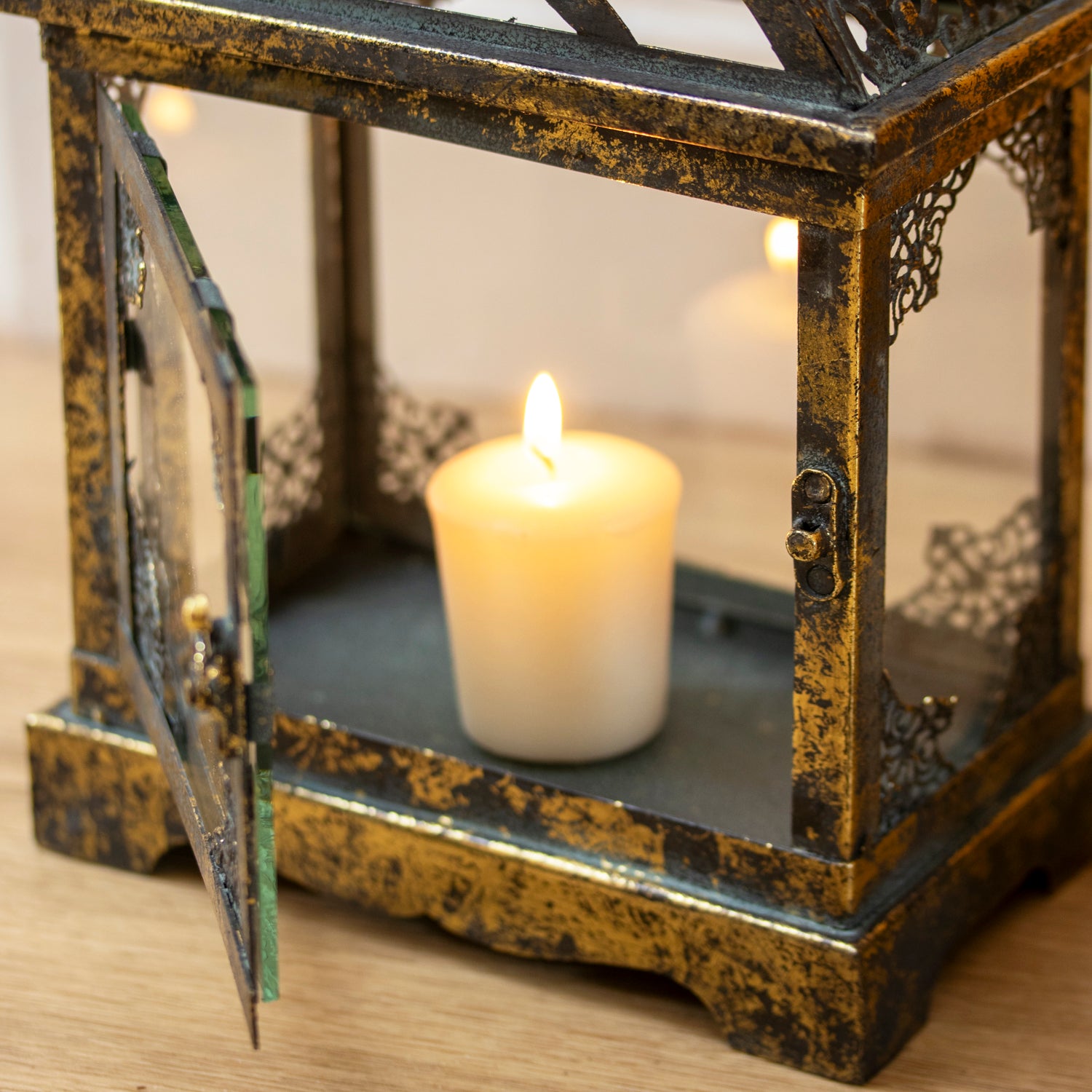 Square Antique Gold Metal Candle Lantern