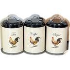 Set Of 3 Cockerel Tea Coffee Sugar Canisters