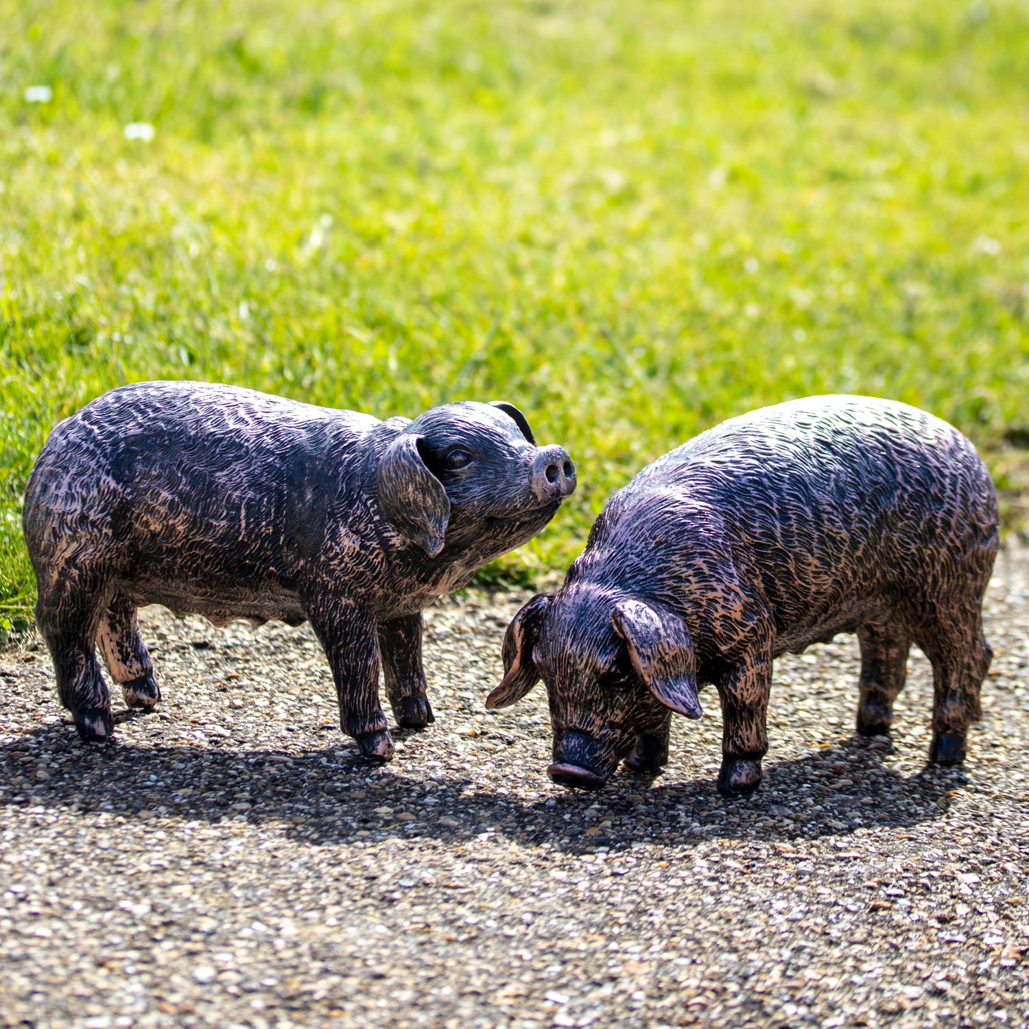 Set Of 2 Bronze Grazing Pig Garden Ornaments