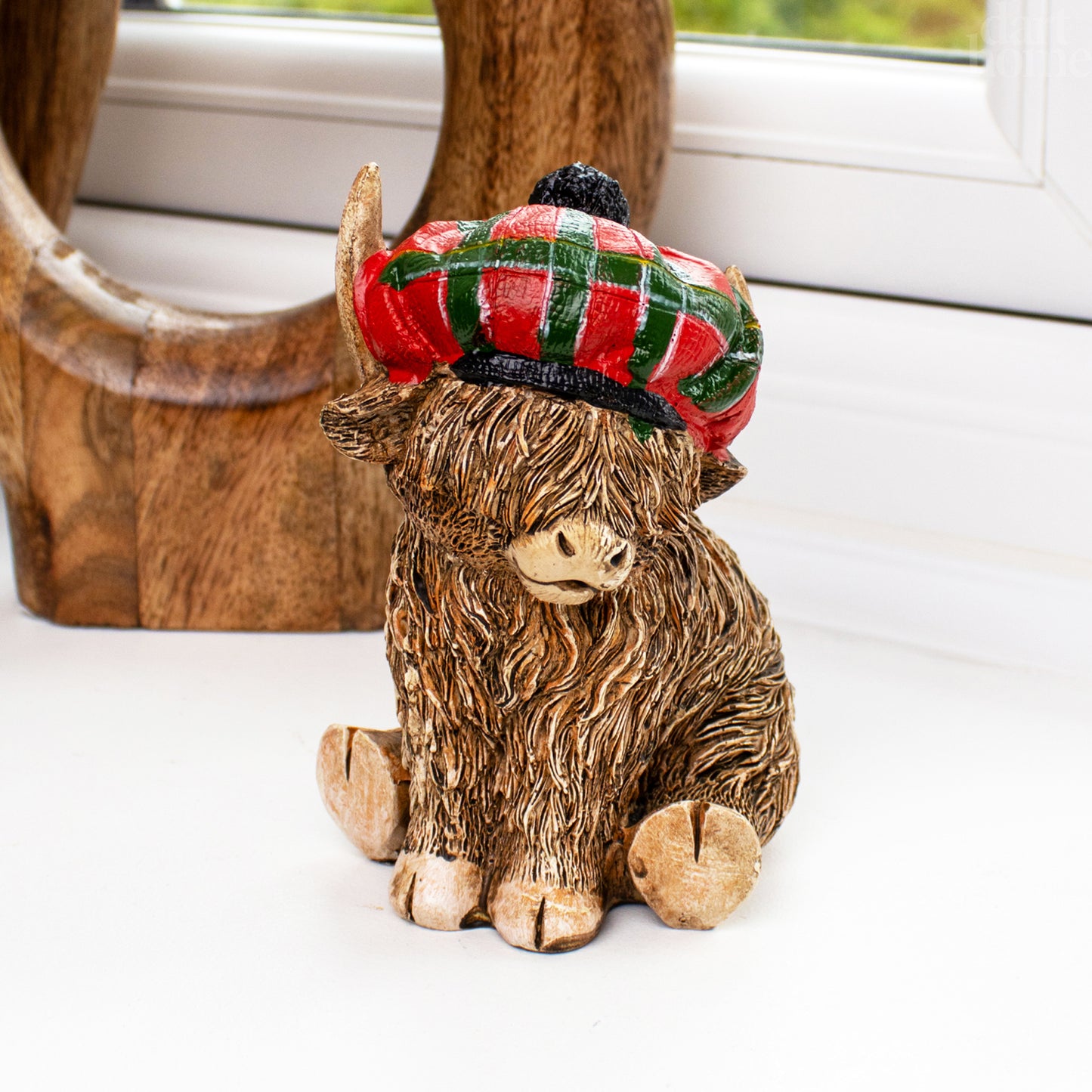 Red Tartan Highland Cow Boy Figurine