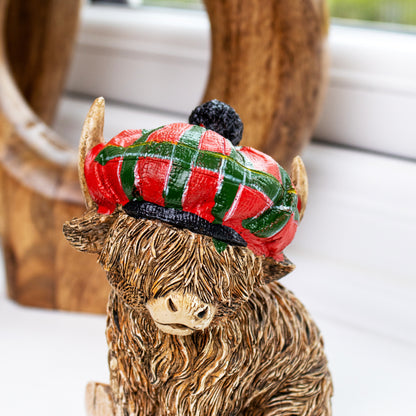 Red Tartan Highland Cow Boy Figurine