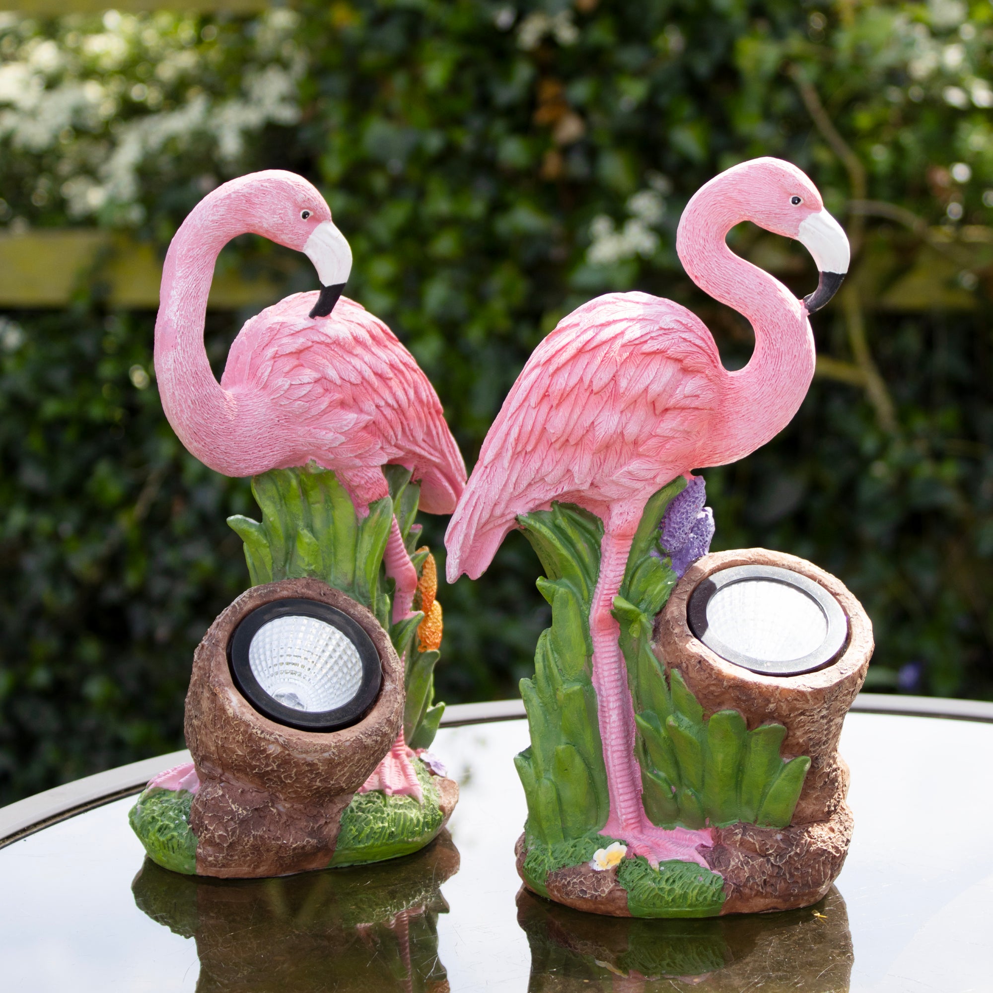 Set Of 2 Solar Light Up Flamingo Ornaments