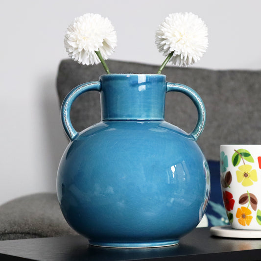 Wide Crackle Ceramic Vase With Handles