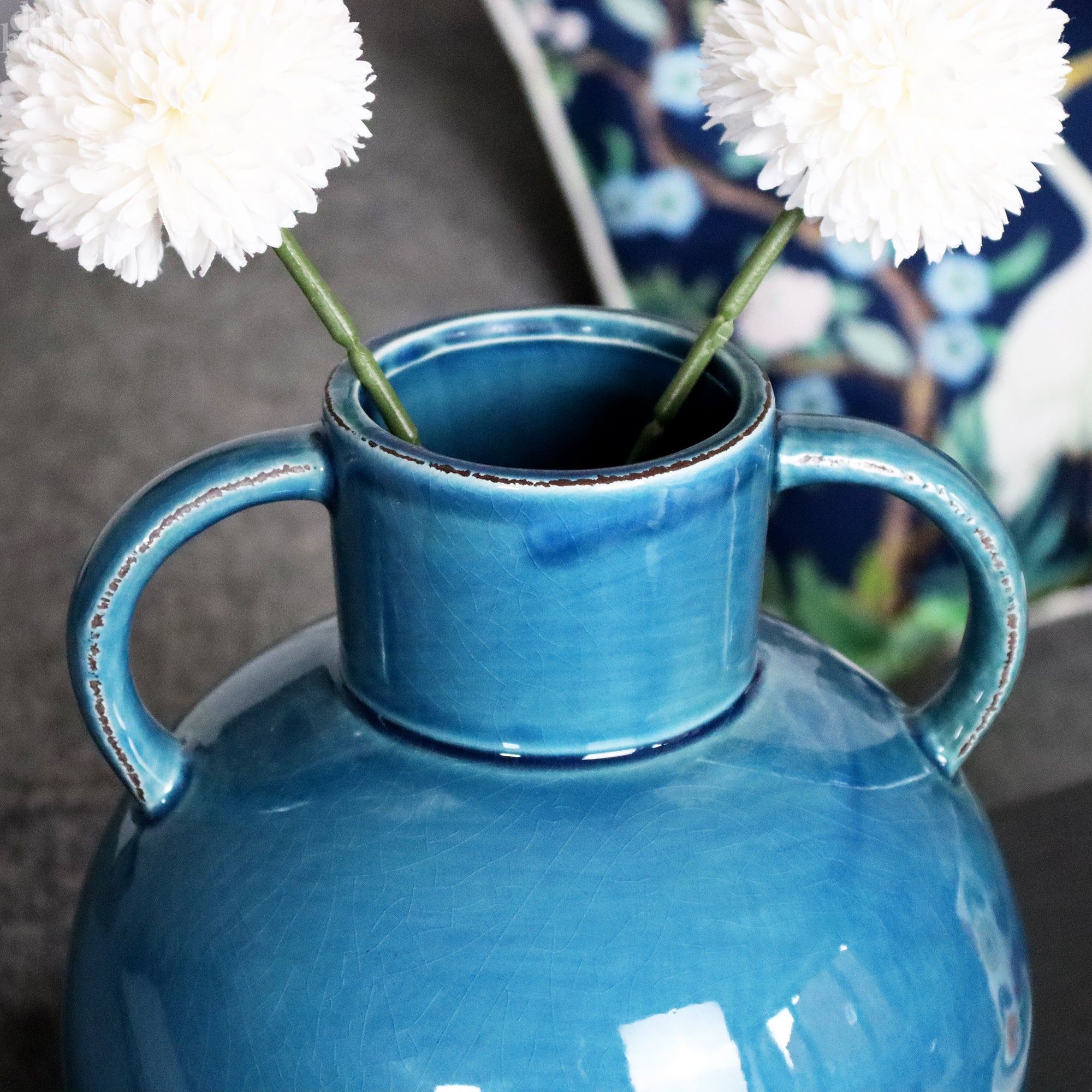 Wide Crackle Ceramic Vase With Handles
