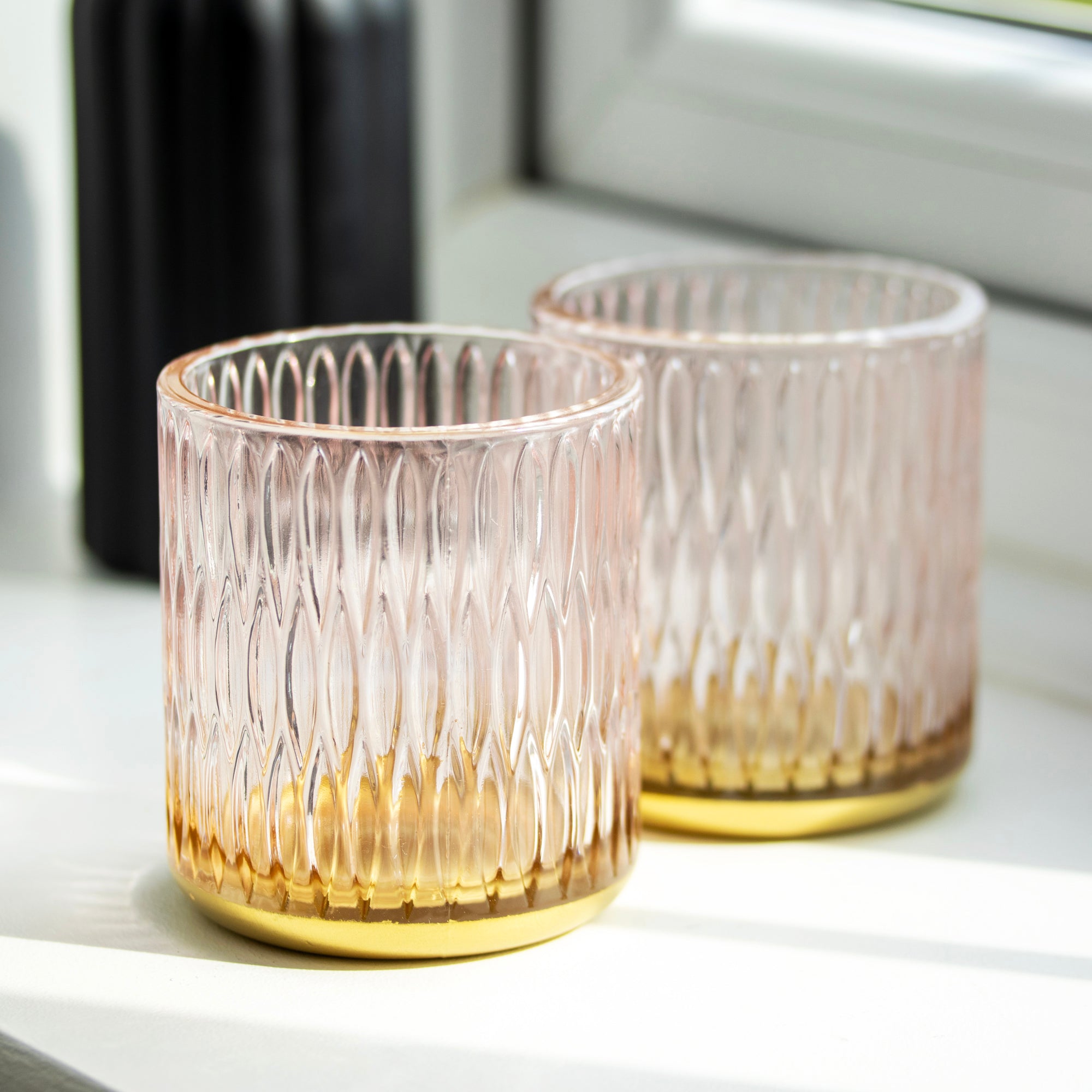 Set Of 2 Pink Diamond Glass Tealight Holders