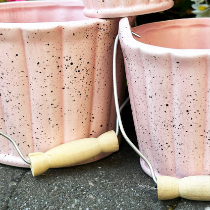 Set Of 3 Pink Speckled Basket Pots