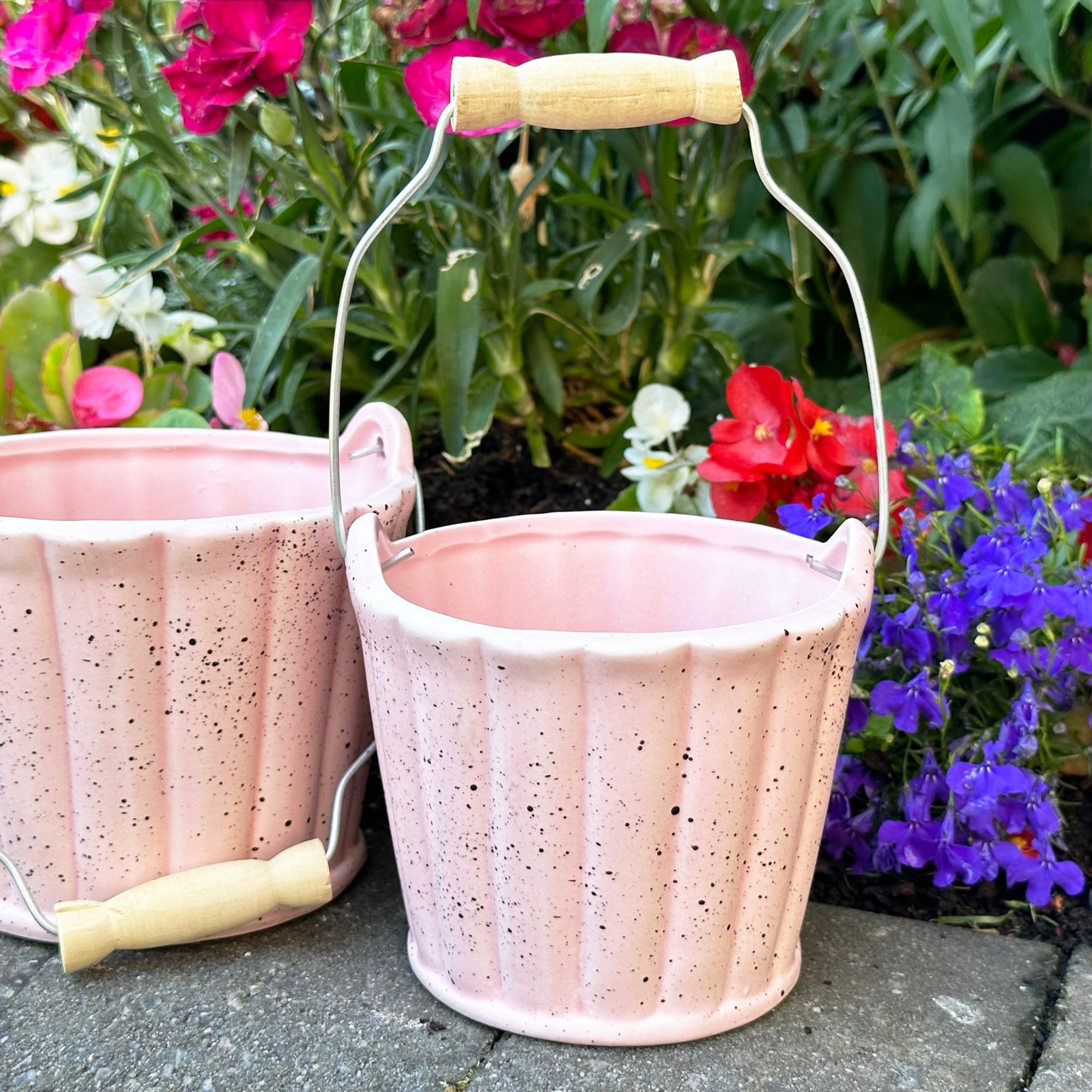 Set Of 3 Pink Speckled Basket Pots