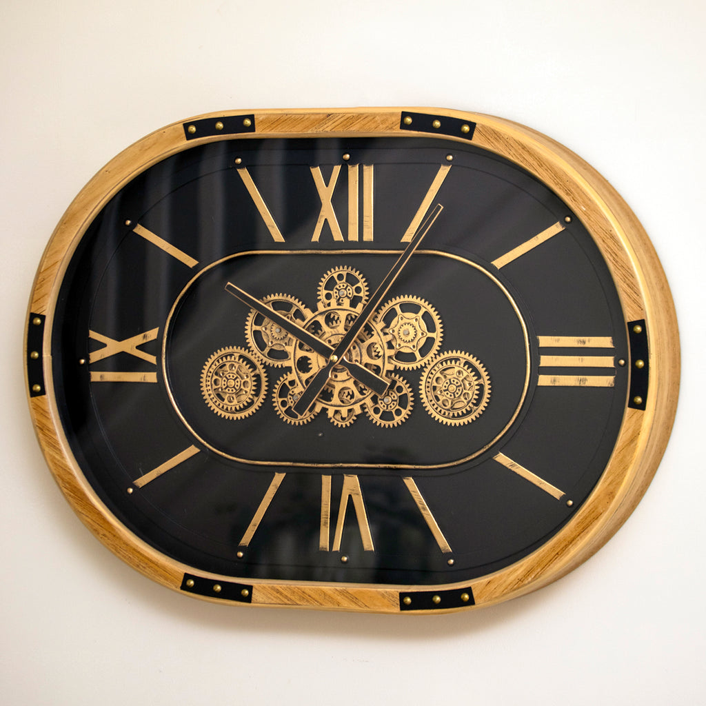 Black Wood Moving Gears Oval Wall Clock