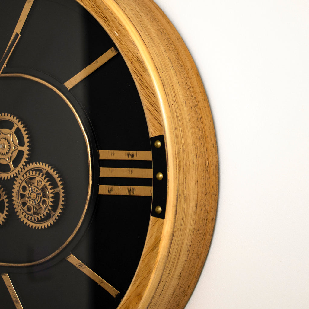 Black Wood Moving Gears Oval Wall Clock