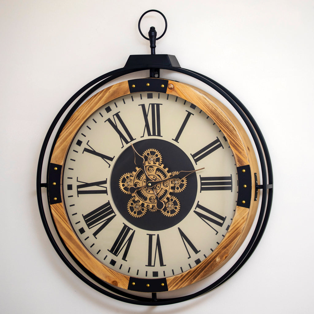 Wood & Metal Moving Gears Pocket Watch Wall Clock