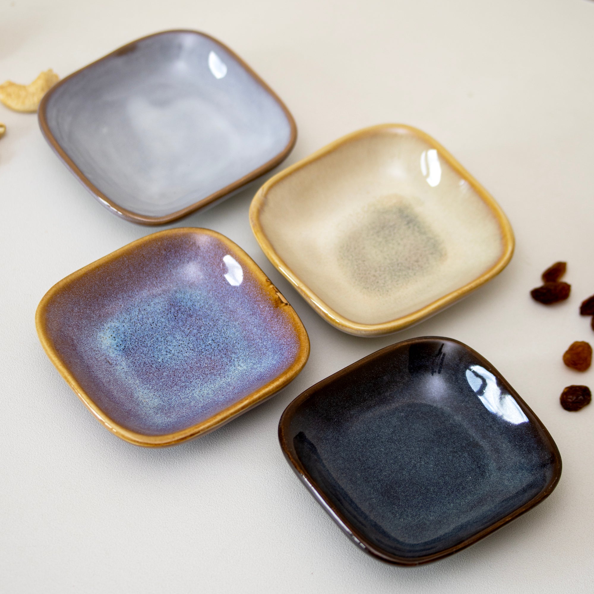Set Of 4 Square Reactive Glaze Snack Bowls