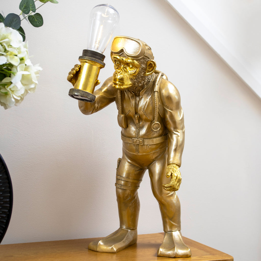 Gold Scuba Monkey LED Table Lamp Ornament