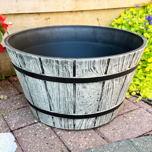 Grey Wood Effect Barrel Planter 21L